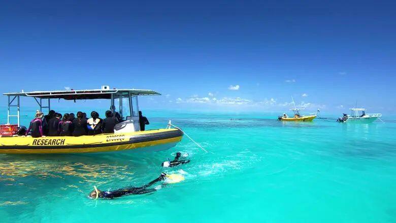 Staff and students conducting research from a boat on Heron Island Research Station