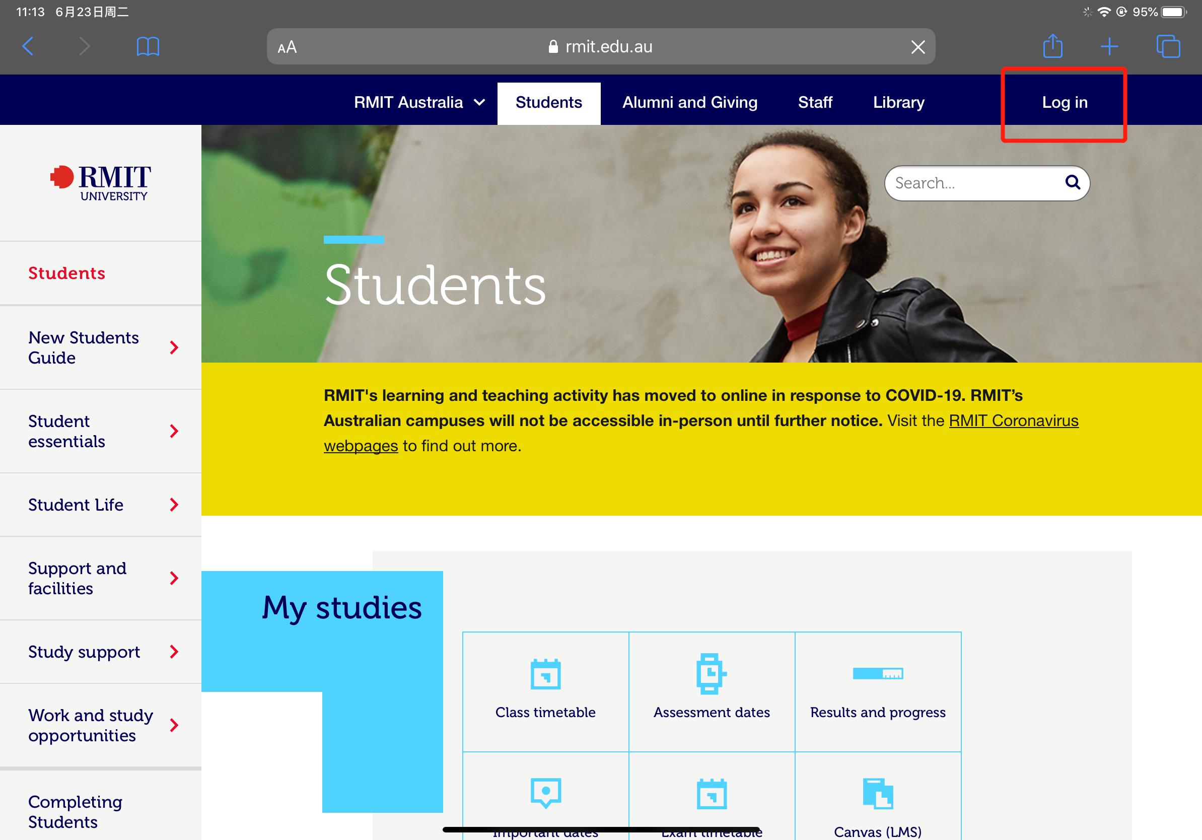 打开RMIT网站，登陆自己的学生账号