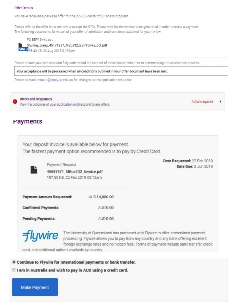 接受完成后，请点击 payments（具体金额以学生实际 invoice 为准）