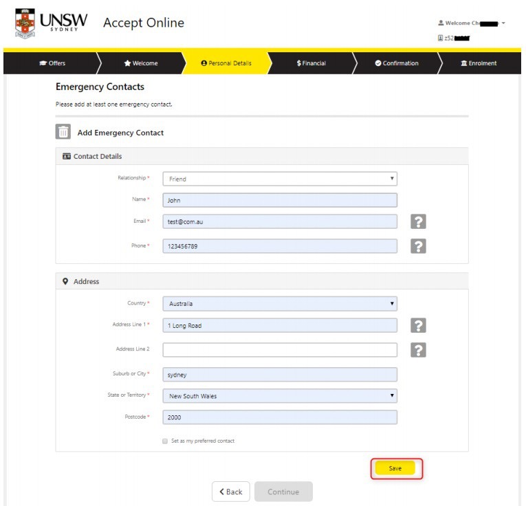 完成至少–位紧急联系人信息填写,可以是学生家长、亲属或朋友,以便学校在紧急情况下获取到学生信息。