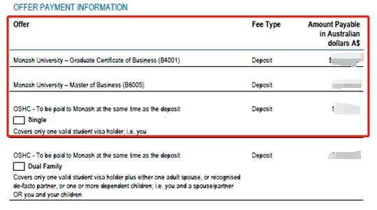 A.下面是关于学费（对应的都是接受 offer 时需要支付的 Deposit）及保险相关的费用，如
需学校安排及购买保险则勾选 single（特殊情况另作讨论，一般都是安排 Single 类型保险）
如需院校安排保险，则完成接受需要支付的费用为以下红框内所有费用