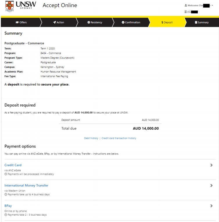 1. 学生在支付页面中要求的押金后,将获得注册确认通知书(CoE-Confirmation of Enrollment),支付押金可以通过信用卡、国际汇款或Bpay三种方式。
2. 学生可以选择分次或全额支付。