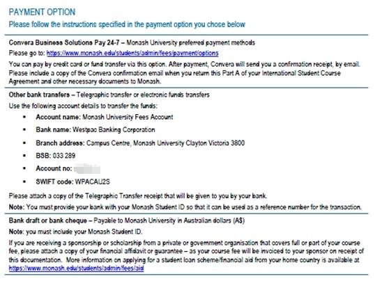 付费方式在 offer 中已经体现，学生可以选择任一一种适合他的方式进行付款，截图如下（截选自其他学生的 Offer，仅作参考）：
务必以学生的 offer 中付费信息为准