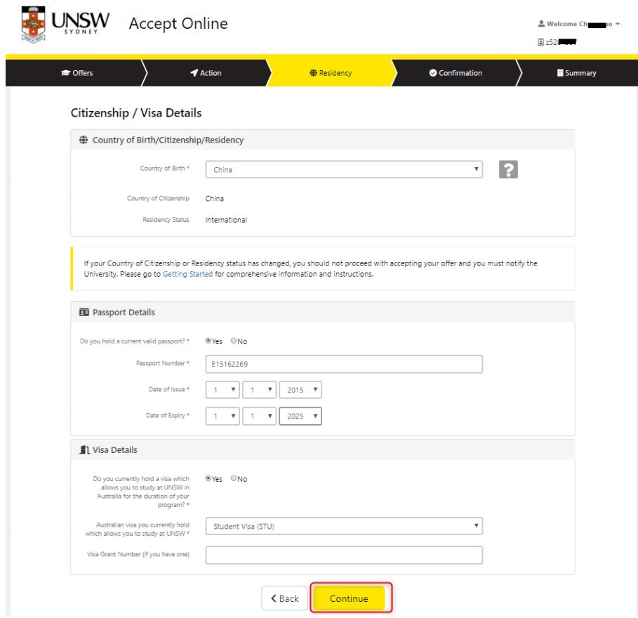 1. 填写国籍、护照和签证信息;
2. 点击Continue继续