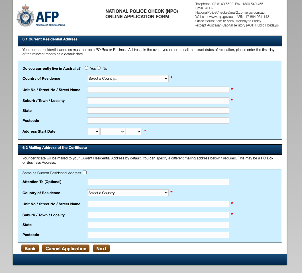 填写当前住址信息和3年内住址信息 AFP现在不会给纸质文件 通过邮件发送PDF文档 请不要填写错误邮箱