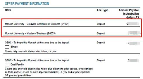 C. 如无需院校安排保险，则完成接受需要支付的费用为以下红框内所有费用：
备注：A 和 C 部分的截图是以学生课程 GC+Master package 为例，具体课程请以学生实际 Offer 为准