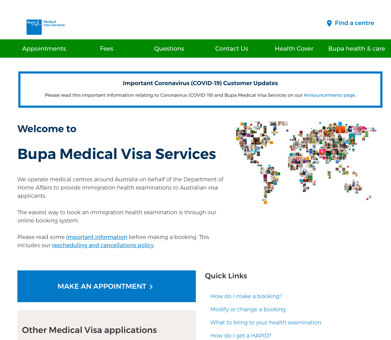 首先进入Bupa VMS的网页：https://www.bupa.com.au/bupamvs，点击MAKE AN APPOINTMENT进入到下一个页面