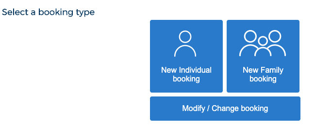 选择个人（new individual booking）或家庭体检（new family booking），如果想要修改之前预约的体检，可以点击Modify/change booking, 我们以个人体检为例, 点击预约后会进入体检地点选择页面