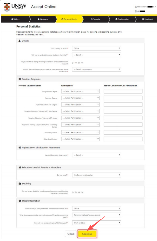 完成个人信息填写,点击Continue继续