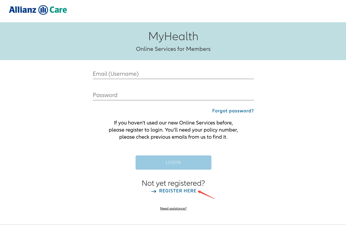 注册账号点击Register here, 填好个人信息（保单号，出生日期，姓氏）
