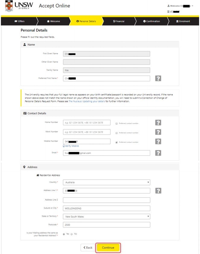 完成个人联系方式、住址信息填写
